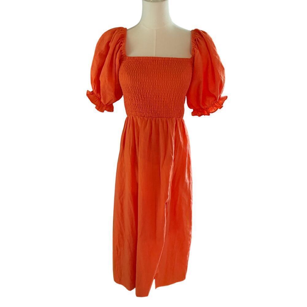 Seven Wonders Orange Puff Sleeve Smocked Cotton Milkmaid Midi Dress M Cottagecor
